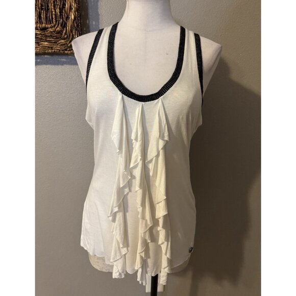 Guess LA Tank Top L Large White Black Silver Trim Ruffle Racerback NEW NWT - Picture 2 of 13